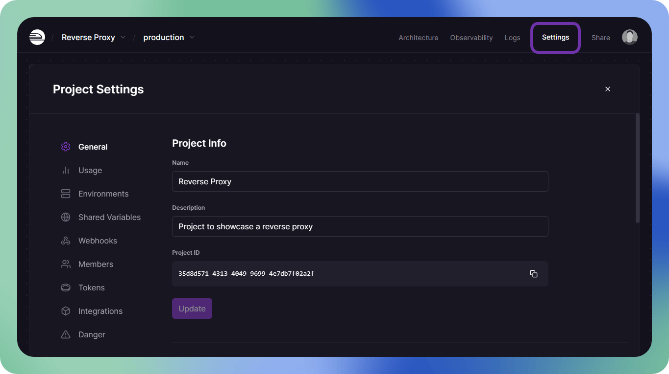 Screenshot of the project settings page