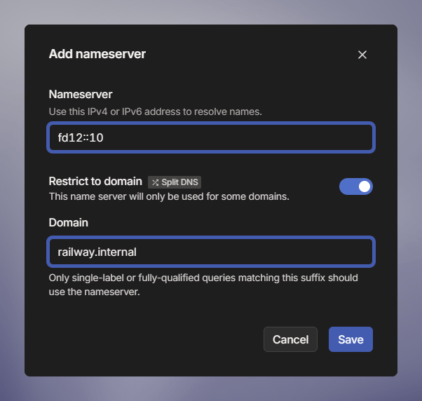 screenshot of the add nameserver modal in tailscale