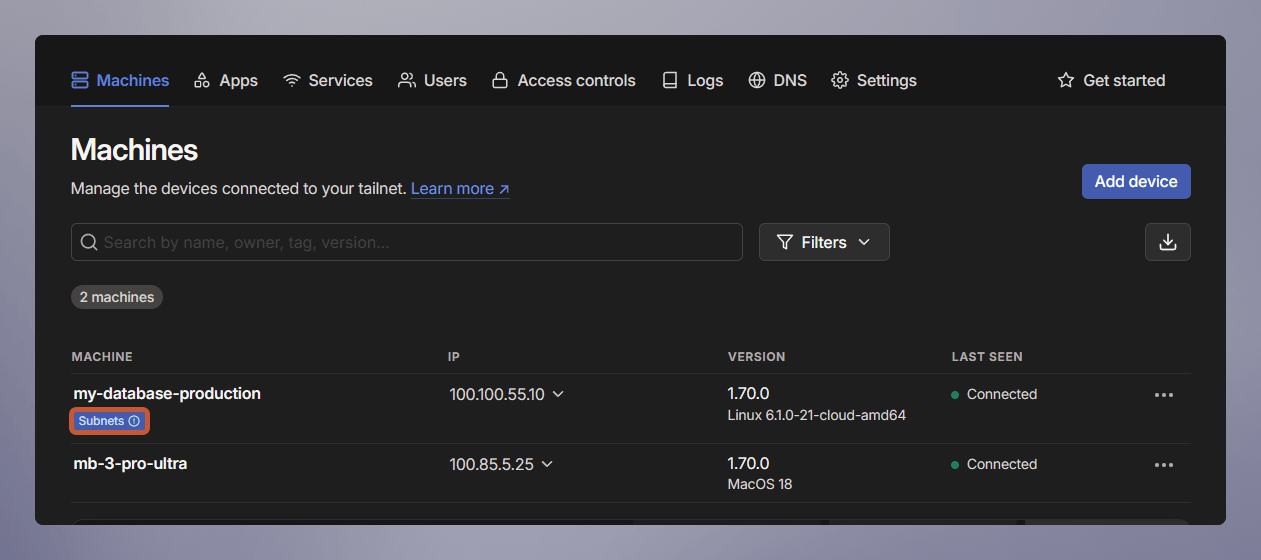 screenshot of the machine's dashboard in tailscale that is showing a subnet needs approving