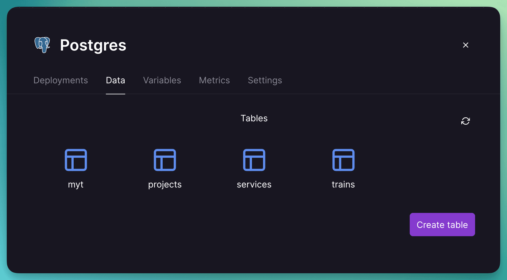 Screenshot of Postgres Service Panel